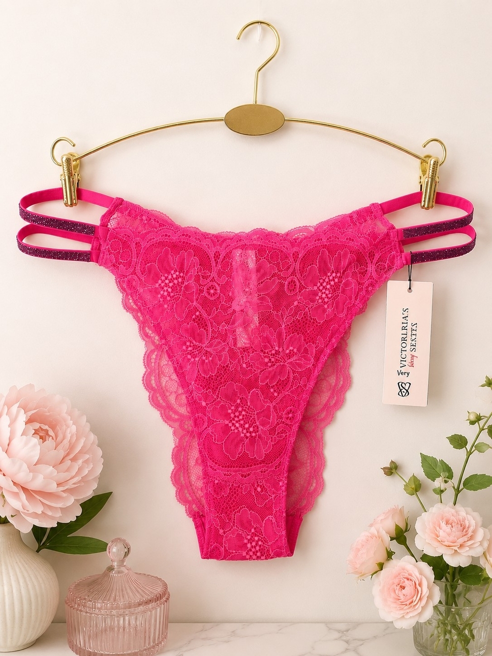 Victoria's Secret Very Sexy Pink Lace Brazilian Panty XL NWT Rhinestone Straps
